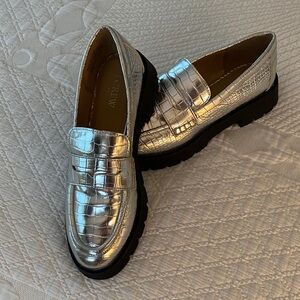 J Crew silver penny loafers size 9